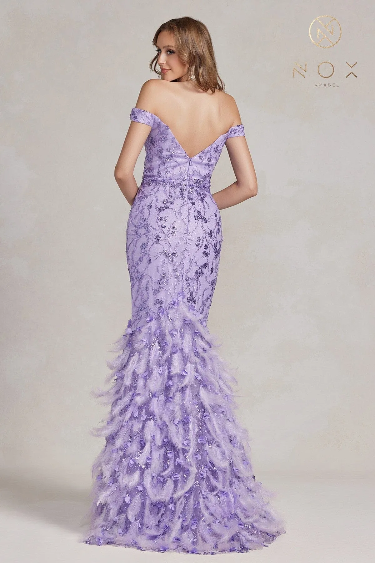Off Shoulder Feather Mermaid Gown by Nox Anabel C1106