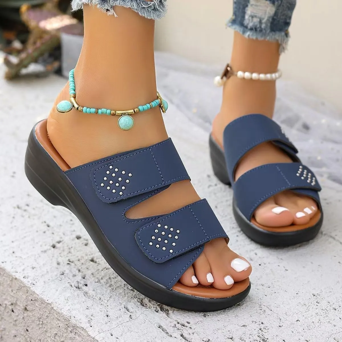Orthopedic Sandals For Women Arch Support Walking Sandals Two Straps Wedge Sandals Bohemian Comfortable Outdoor Shoes
