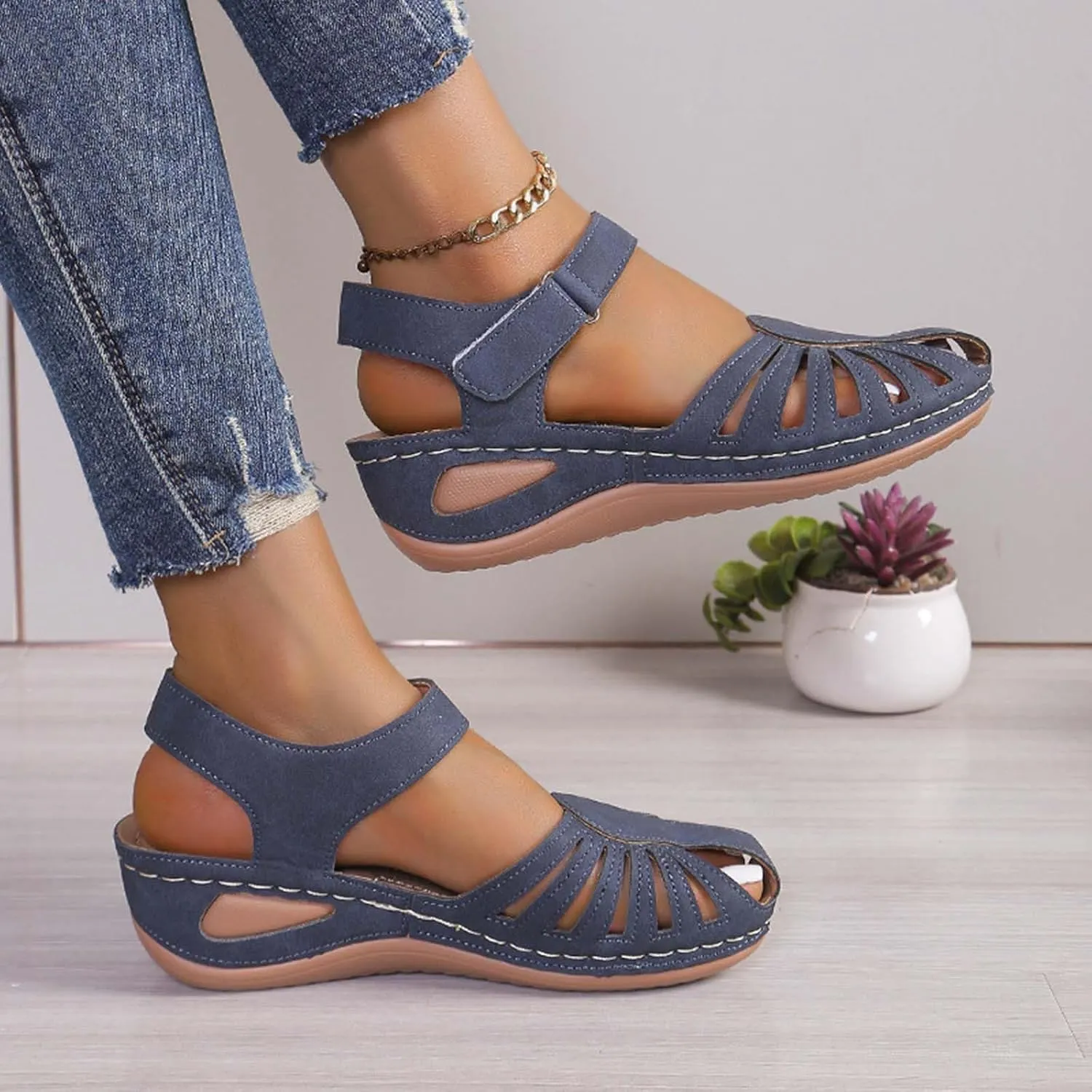 Orthopedic Sandals for Women Closed Toe Comfort Flats Anti Slip Adjustable Walking Casual Sandals