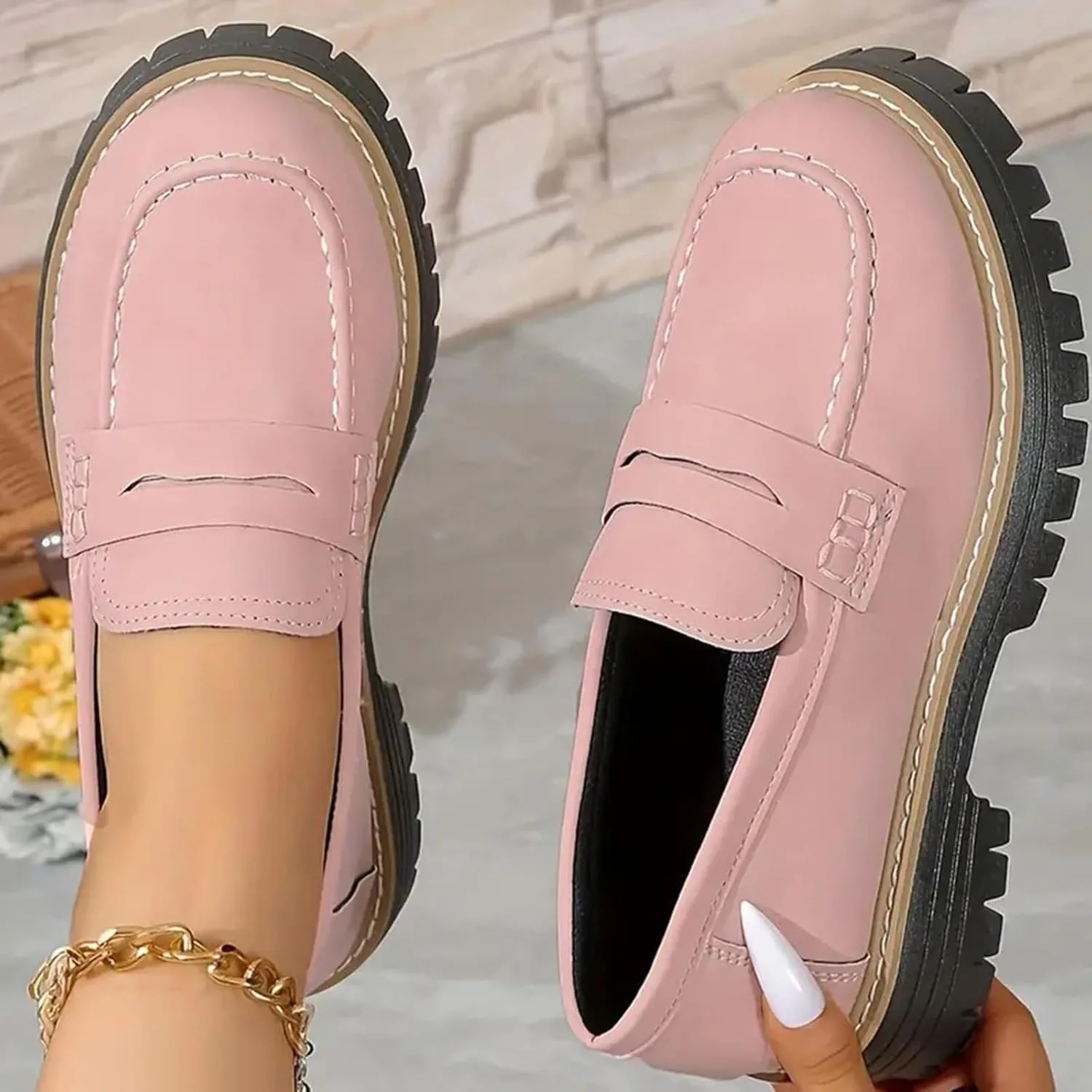 Orthoture-Orthopedic Platform Loafers Womens Round Toe Slip on Loafers Comfort Walking Shoes Lightweight Chunky Heel Loafers