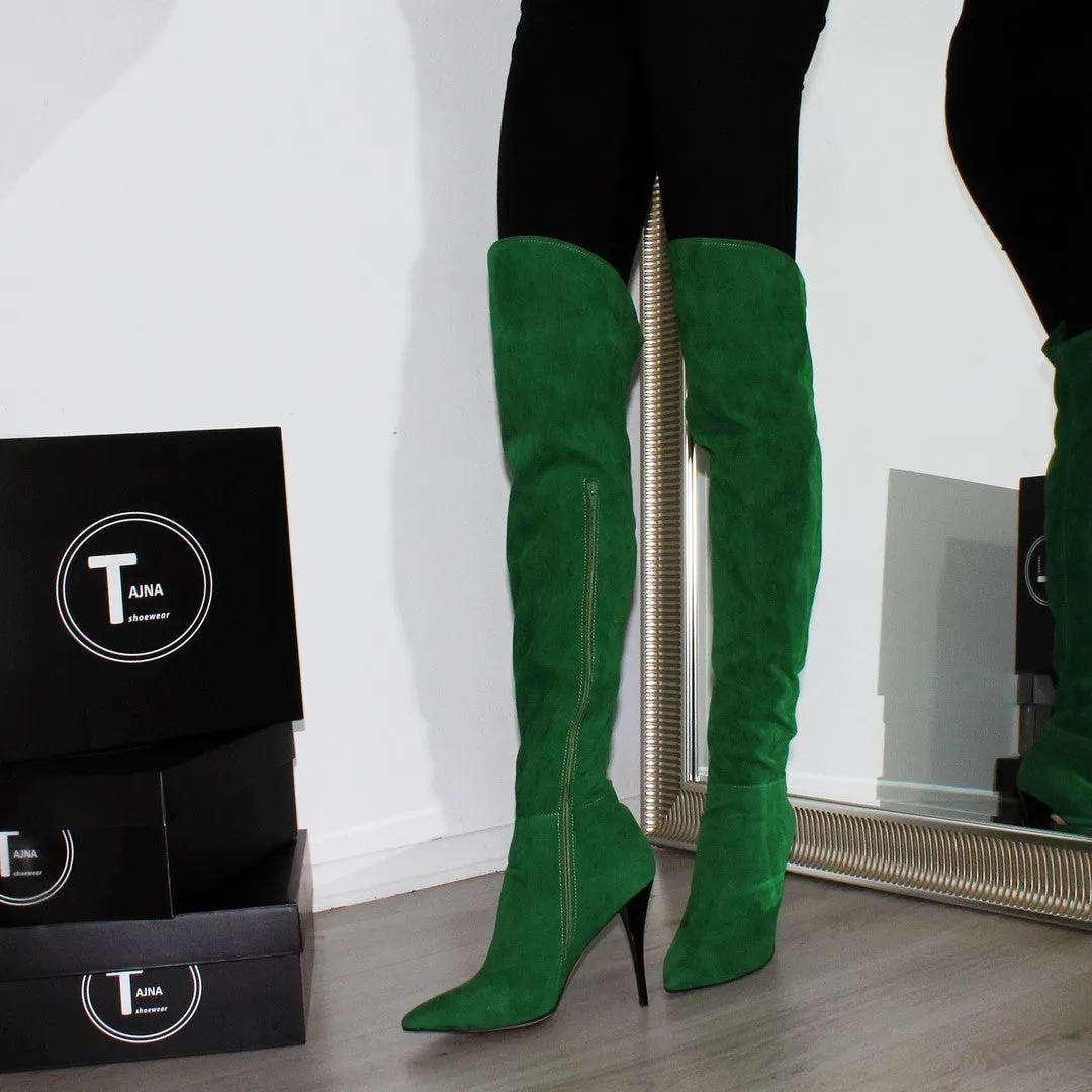Over Knee Green Suede Pointed Nose Boots