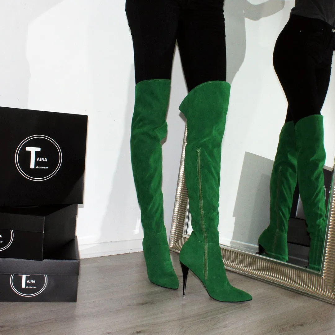 Over Knee Green Suede Pointed Nose Boots