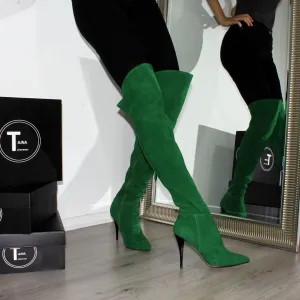 Over Knee Green Suede Pointed Nose Boots