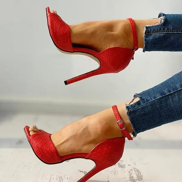 party peep toe ankle strap thin heeled snakeskin sandals