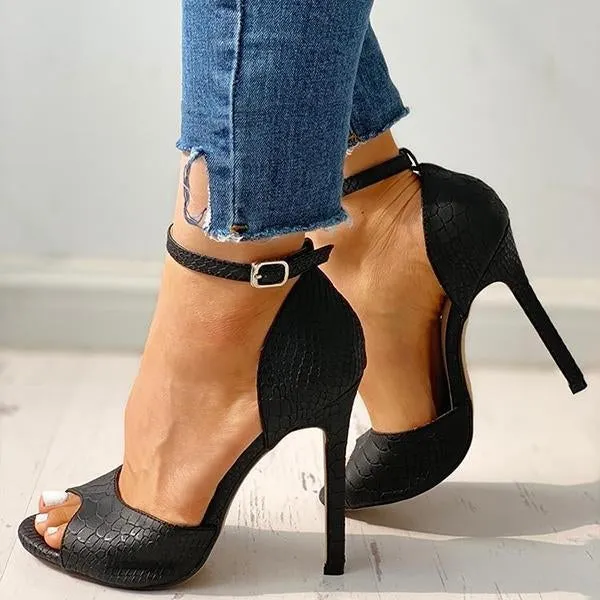 party peep toe ankle strap thin heeled snakeskin sandals