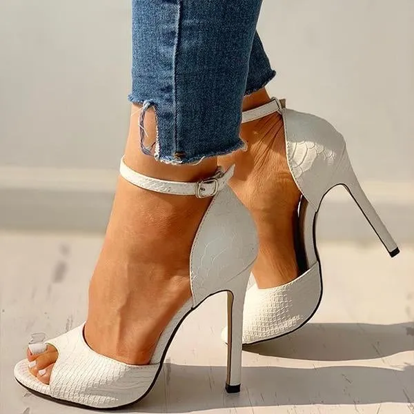 party peep toe ankle strap thin heeled snakeskin sandals
