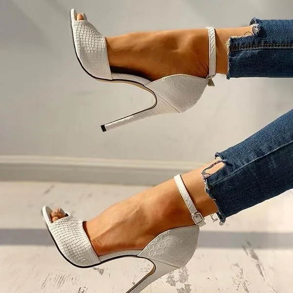 party peep toe ankle strap thin heeled snakeskin sandals