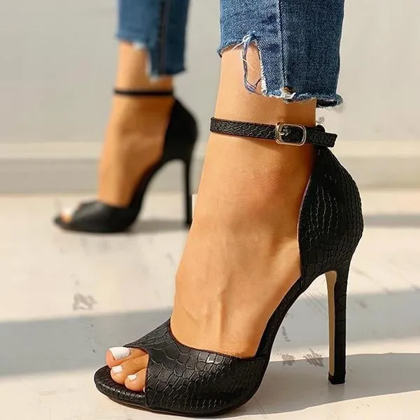 party peep toe ankle strap thin heeled snakeskin sandals