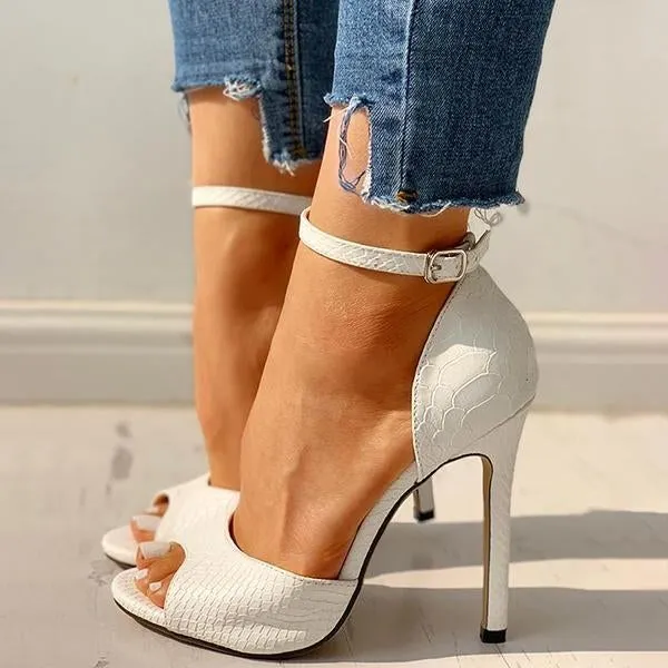 party peep toe ankle strap thin heeled snakeskin sandals