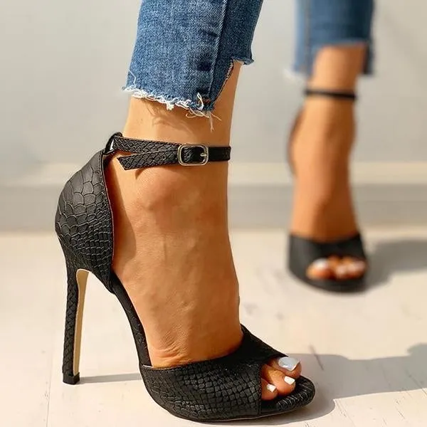 party peep toe ankle strap thin heeled snakeskin sandals
