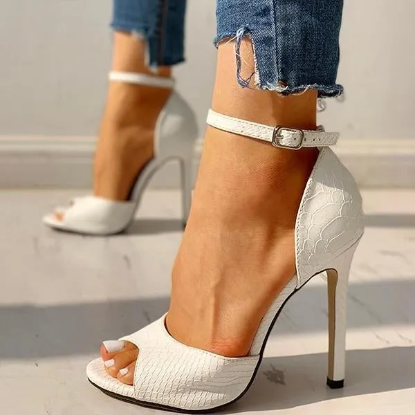 party peep toe ankle strap thin heeled snakeskin sandals