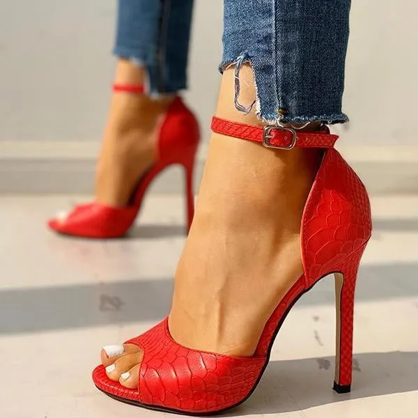 party peep toe ankle strap thin heeled snakeskin sandals
