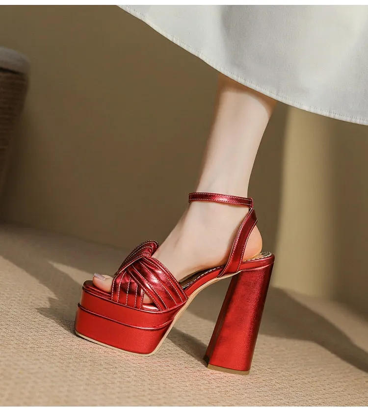 Patent Leather Cross Binding Open-Toe Platform Cut-Out Heels