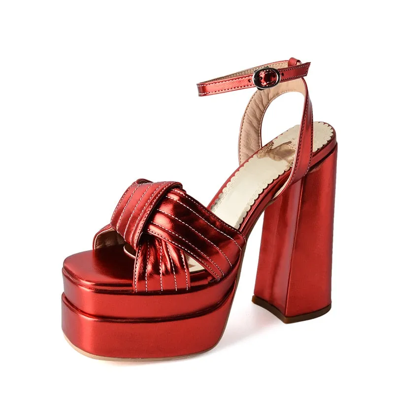 Patent Leather Cross Binding Open-Toe Platform Cut-Out Heels