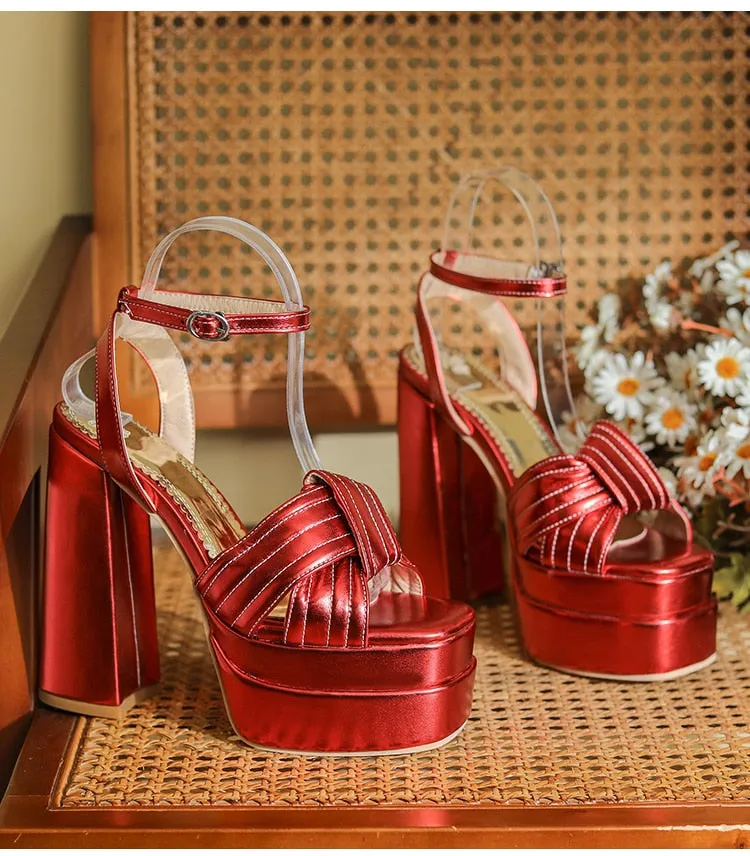 Patent Leather Cross Binding Open-Toe Platform Cut-Out Heels