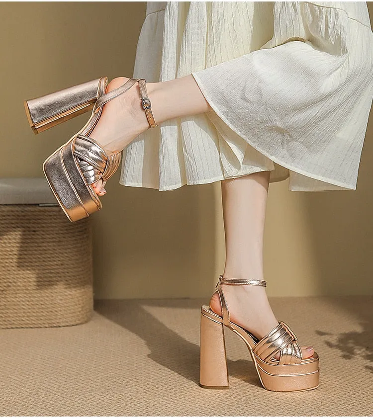 Patent Leather Cross Binding Open-Toe Platform Cut-Out Heels