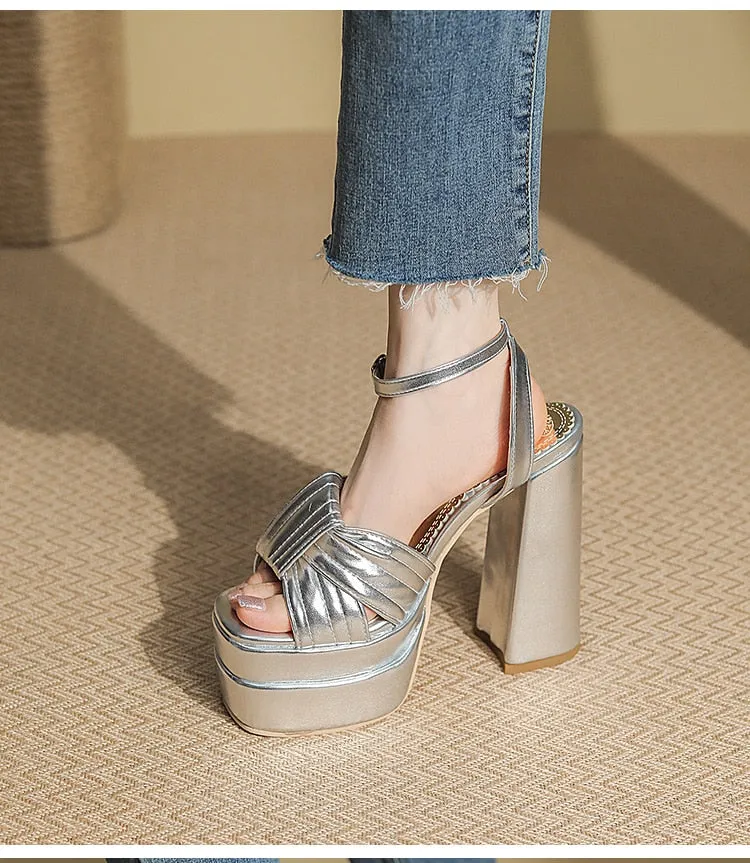 Patent Leather Cross Binding Open-Toe Platform Cut-Out Heels
