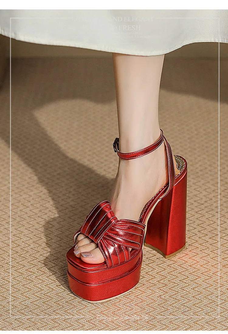 Patent Leather Cross Binding Open-Toe Platform Cut-Out Heels