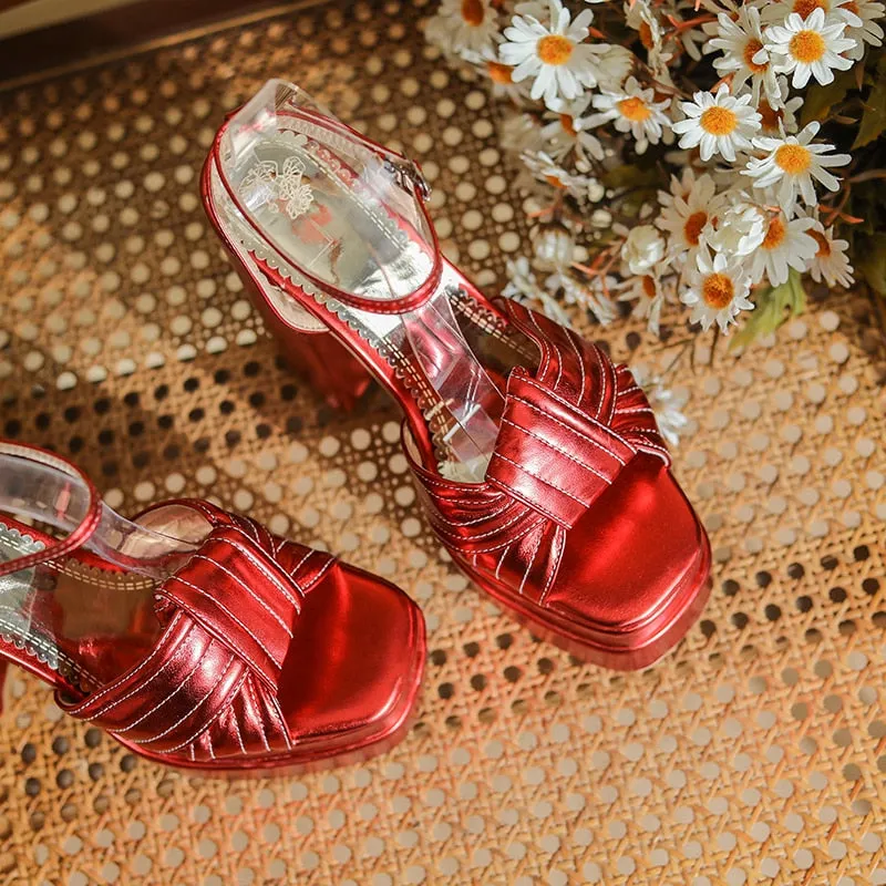 Patent Leather Cross Binding Open-Toe Platform Cut-Out Heels