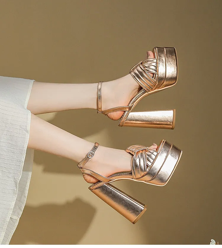 Patent Leather Cross Binding Open-Toe Platform Cut-Out Heels