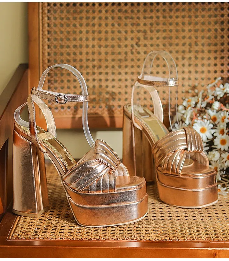 Patent Leather Cross Binding Open-Toe Platform Cut-Out Heels