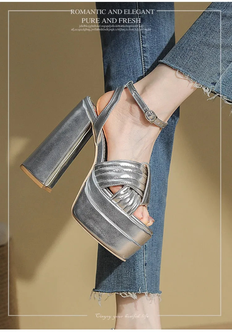 Patent Leather Cross Binding Open-Toe Platform Cut-Out Heels