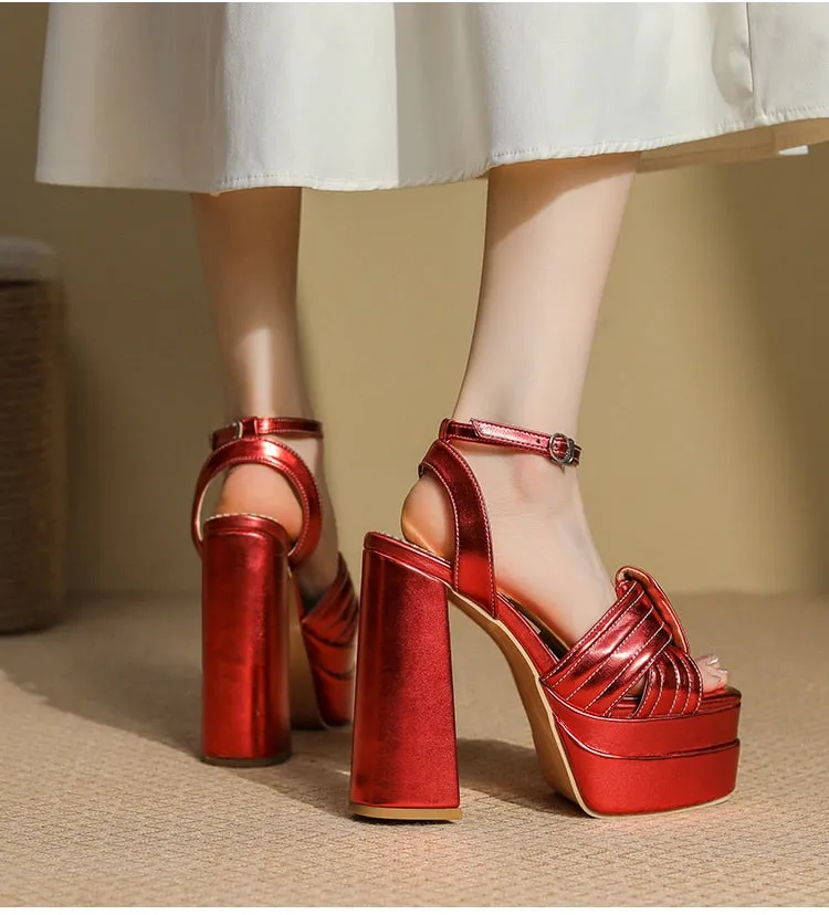 Patent Leather Cross Binding Open-Toe Platform Cut-Out Heels