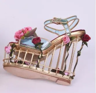 Peep Toe Rose Platform Caged Wedge Heels