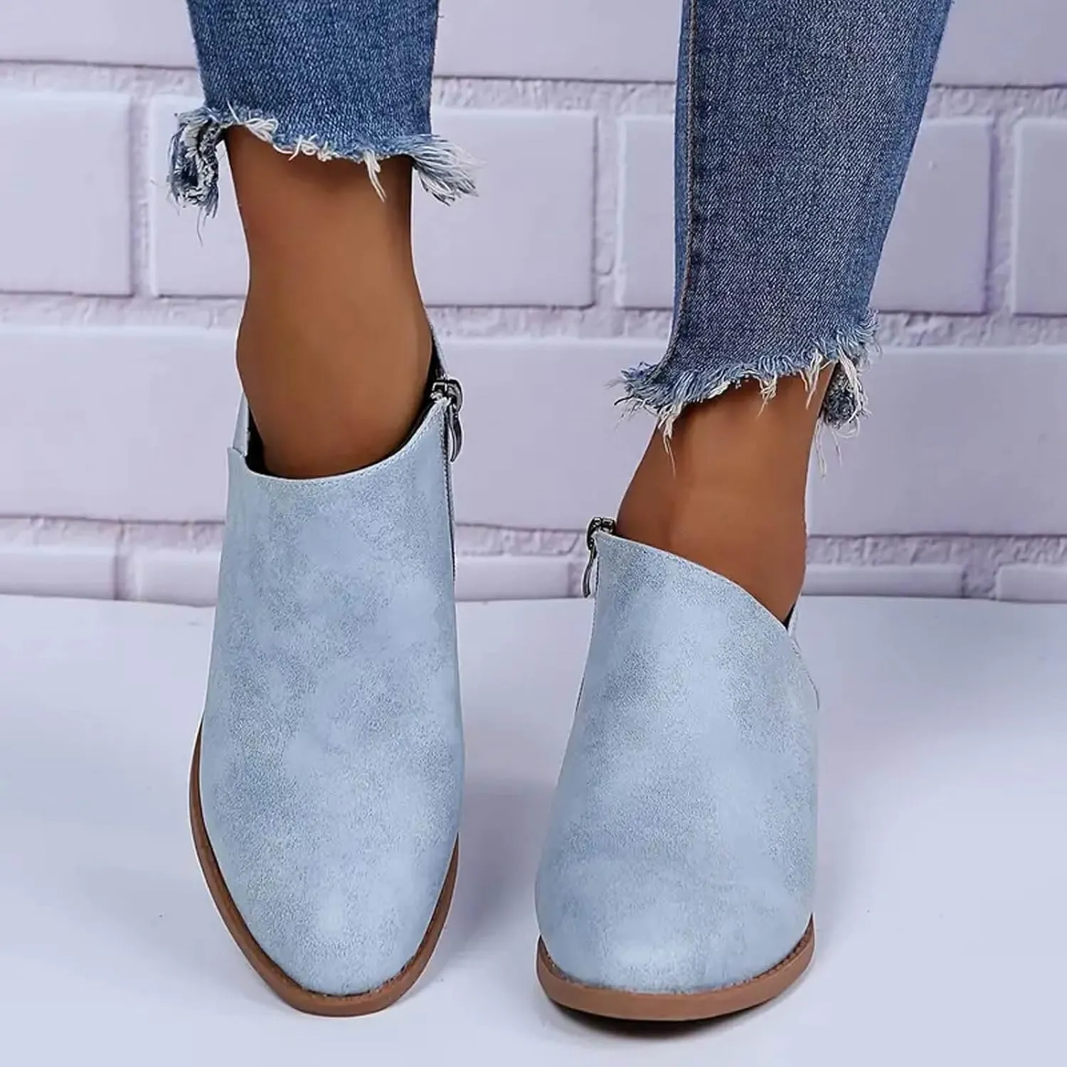 peqiut Ankle Boots for Women Cutout Perforated Short Booties Slip on Retro Ankle Booties Fashion Zipper Short Ankle Boots