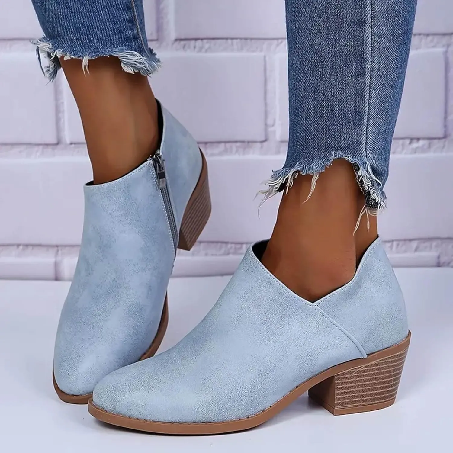 peqiut Ankle Boots for Women Cutout Perforated Short Booties Slip on Retro Ankle Booties Fashion Zipper Short Ankle Boots