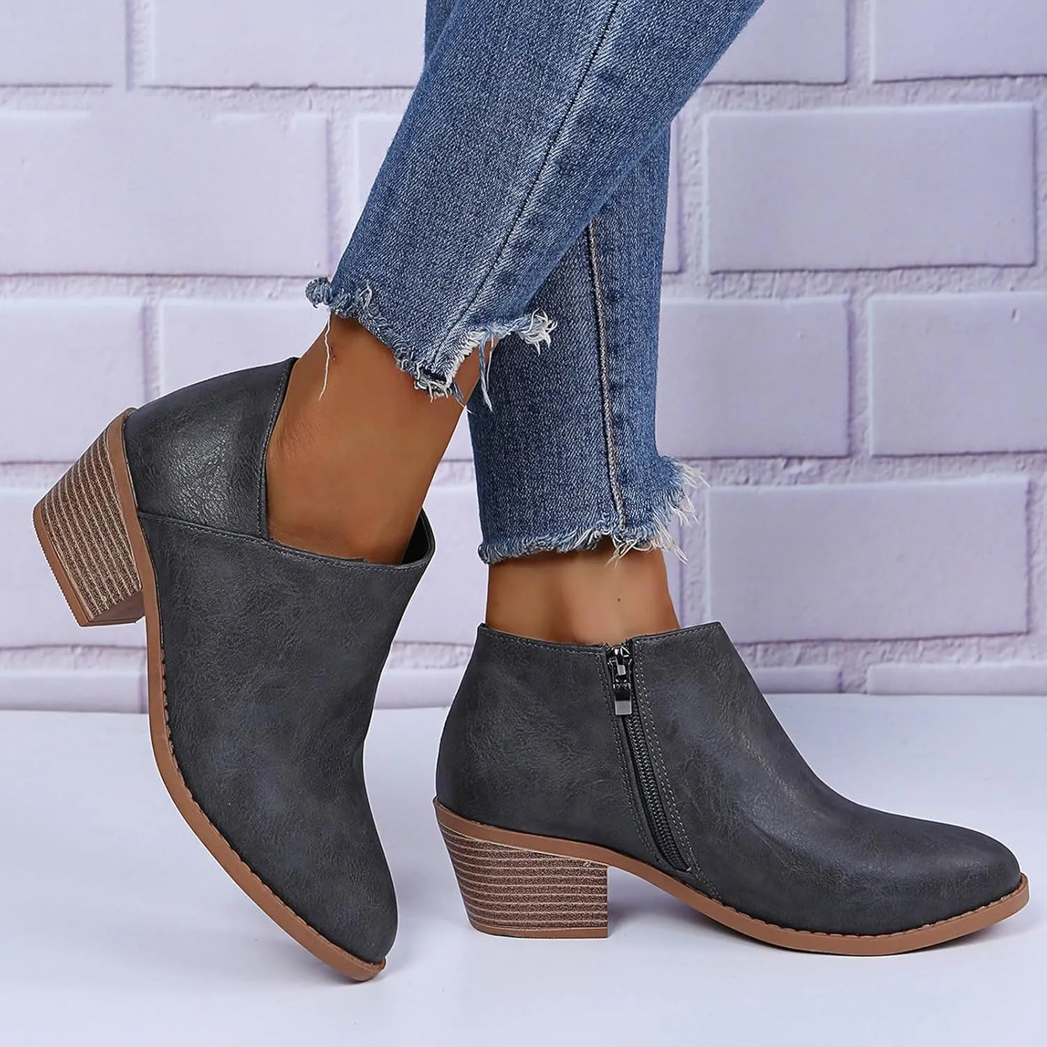 peqiut Ankle Boots for Women Cutout Perforated Short Booties Slip on Retro Ankle Booties Fashion Zipper Short Ankle Boots
