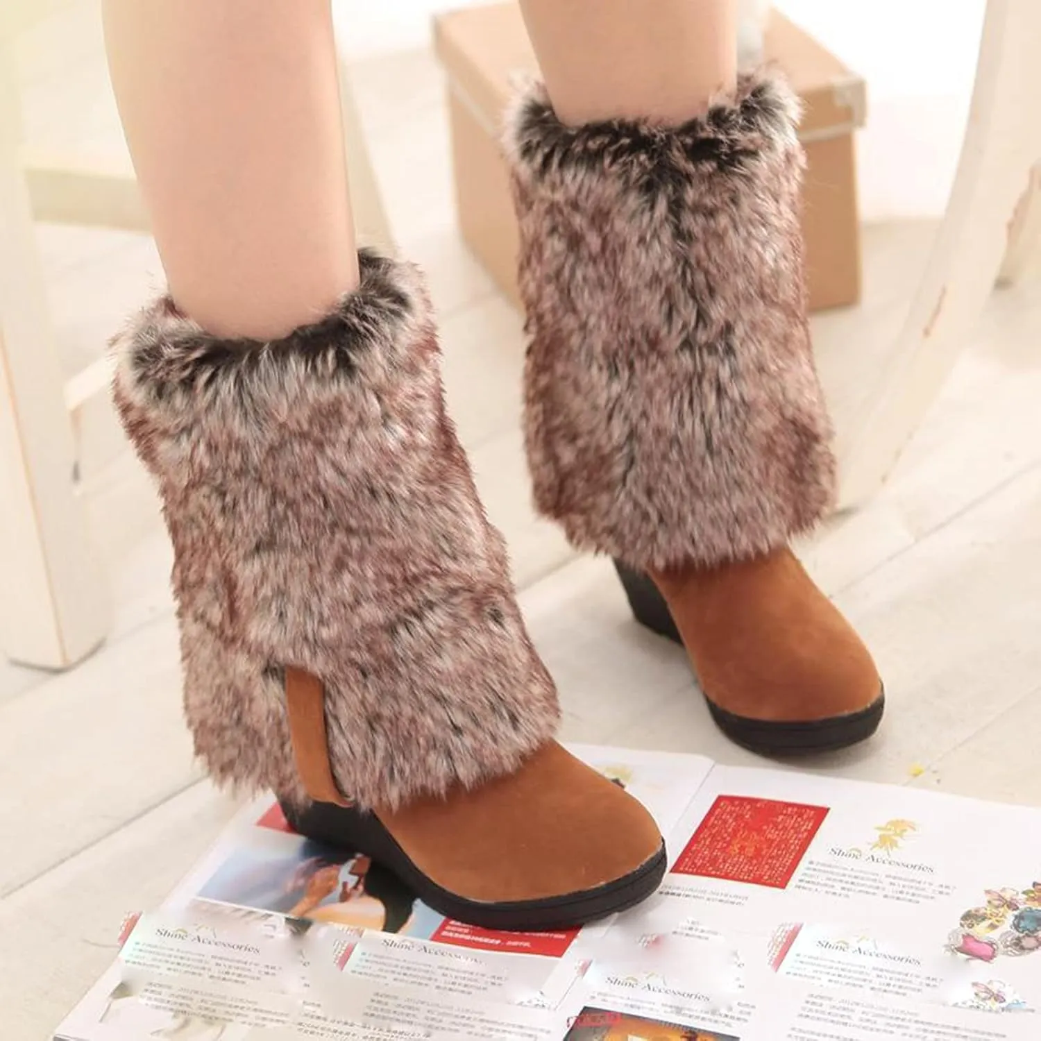 peqiut Knee High Boots Women Round Toe Solid Color Wedge Heel Cowboy Boots for Women Wide Calf Snow Womens Boots