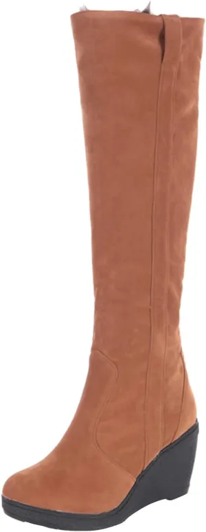 peqiut Knee High Boots Women Round Toe Solid Color Wedge Heel Cowboy Boots for Women Wide Calf Snow Womens Boots