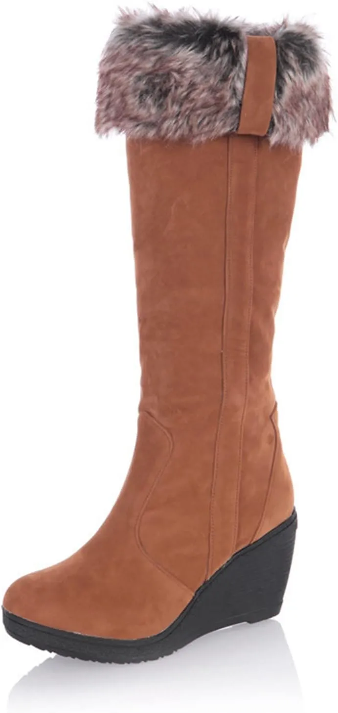 peqiut Knee High Boots Women Round Toe Solid Color Wedge Heel Cowboy Boots for Women Wide Calf Snow Womens Boots