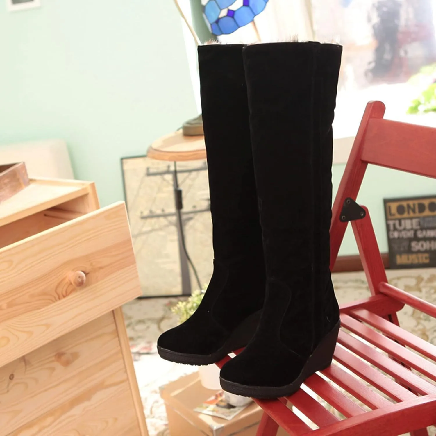 peqiut Knee High Boots Women Round Toe Solid Color Wedge Heel Cowboy Boots for Women Wide Calf Snow Womens Boots