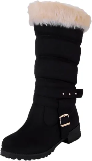 peqiut Womens Snow Boots Winter Snow Shoes Fashion Round Toe Cotton Thick Heel Mid Boots Wide Width Boots for Women (Black, 7.5)