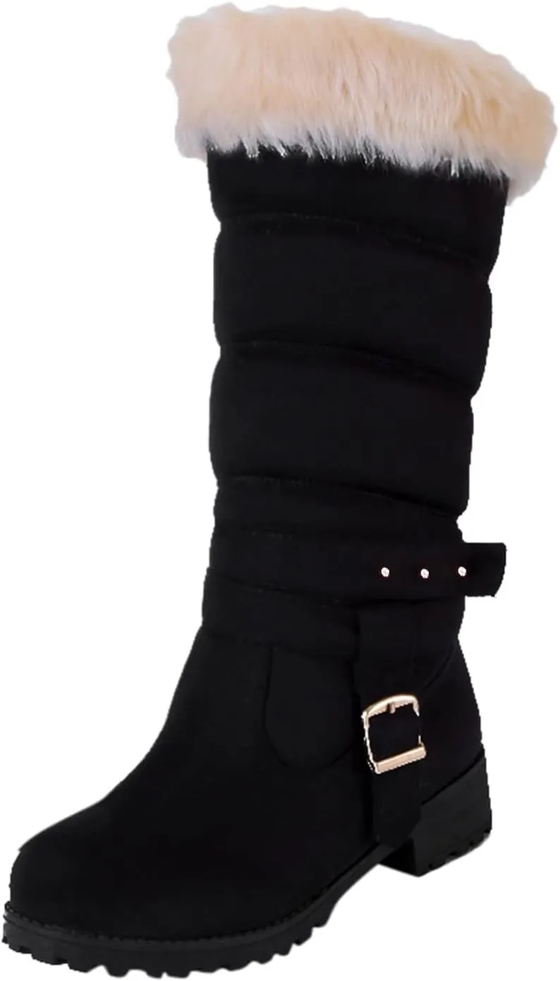 peqiut Womens Snow Boots Winter Snow Shoes Fashion Round Toe Cotton Thick Heel Mid Boots Wide Width Boots for Women (Black, 7.5)