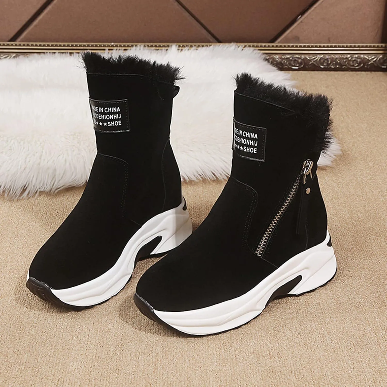 peqiut Womens Snow Boots Winter Snow Shoes Outdoor Zipper Velvet Winter Ankle Boots Slip On Wedges Booties Comfort
