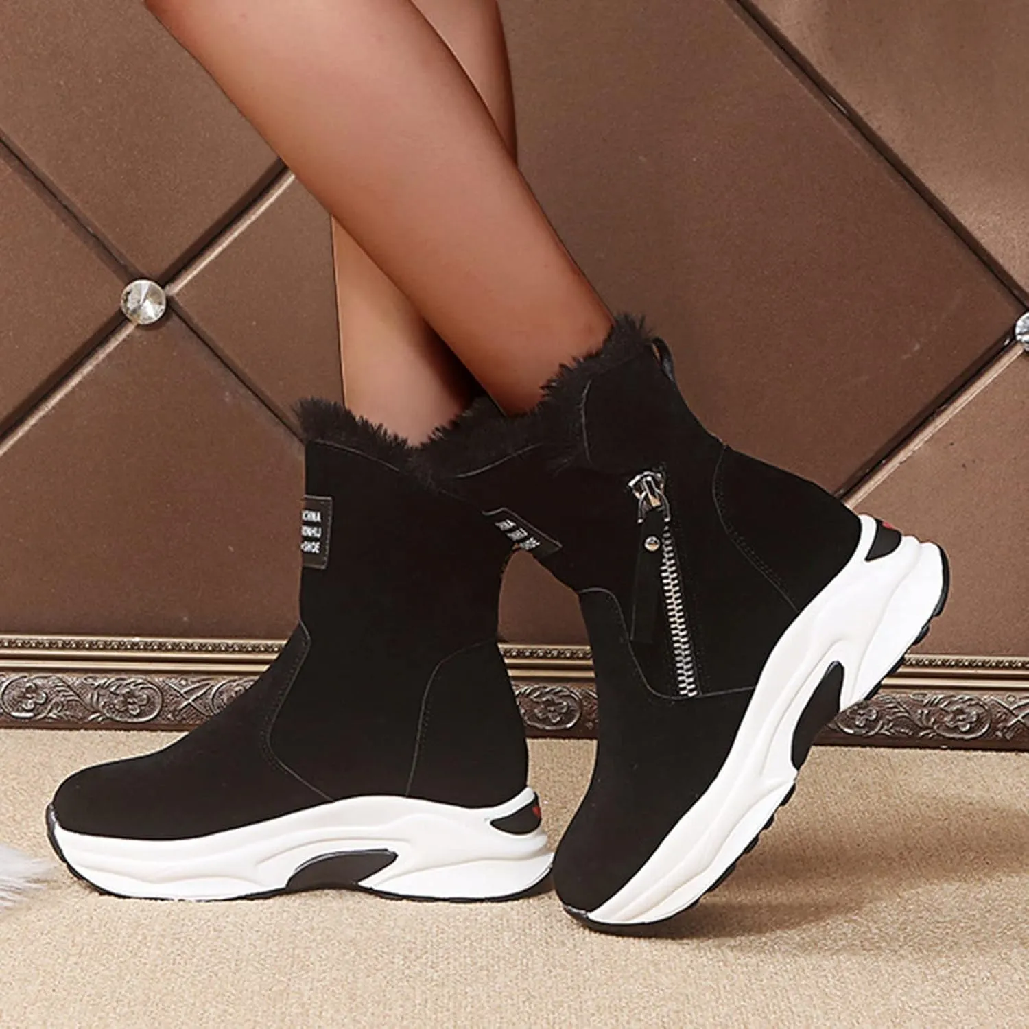 peqiut Womens Snow Boots Winter Snow Shoes Outdoor Zipper Velvet Winter Ankle Boots Slip On Wedges Booties Comfort