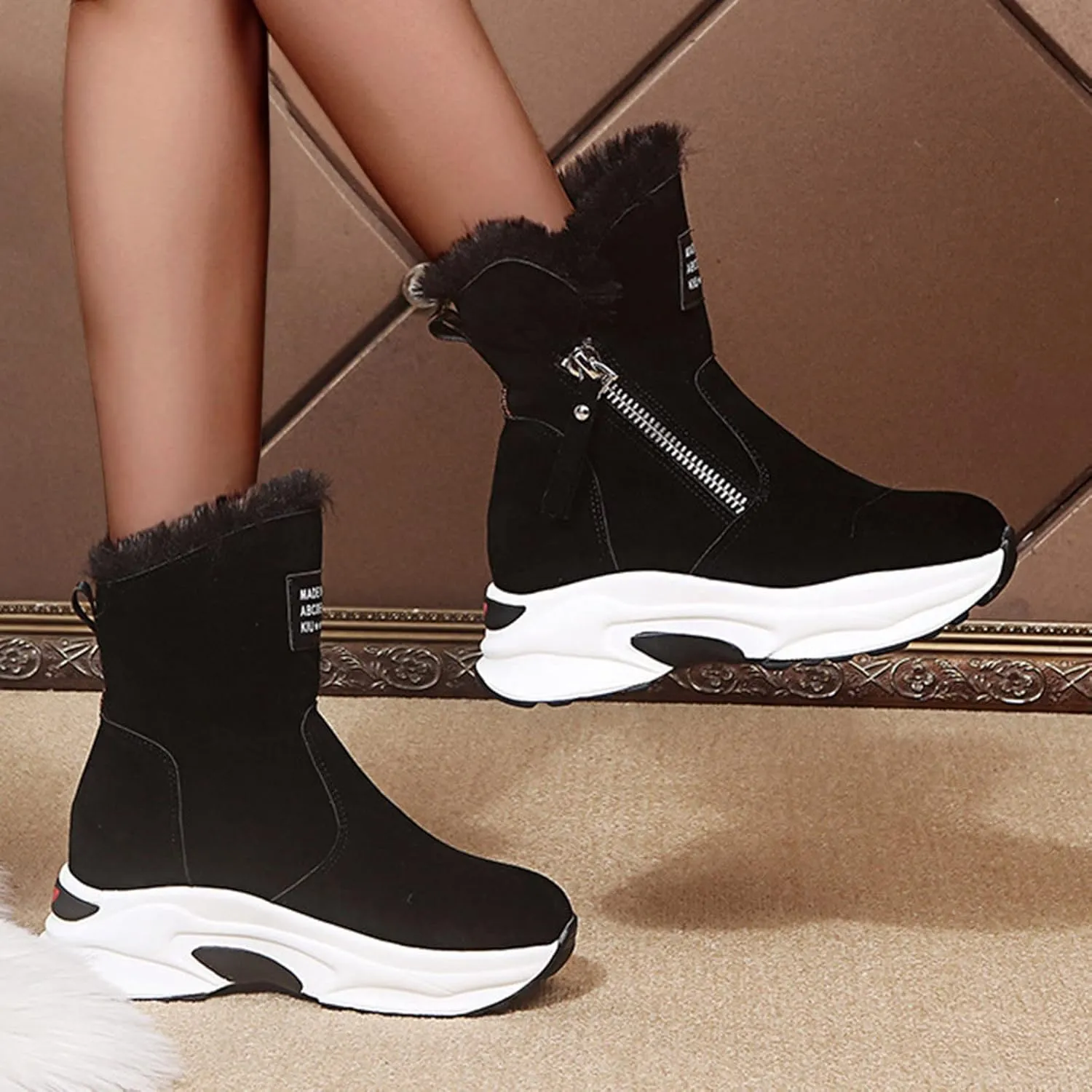peqiut Womens Snow Boots Winter Snow Shoes Outdoor Zipper Velvet Winter Ankle Boots Slip On Wedges Booties Comfort