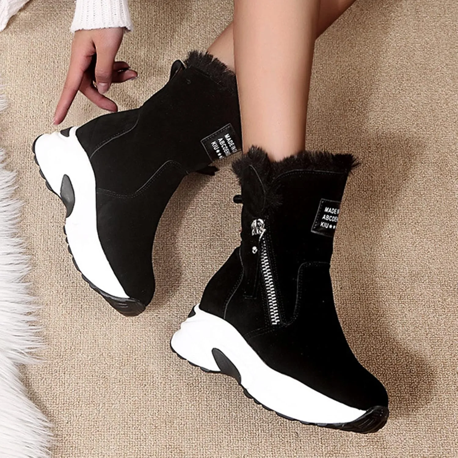 peqiut Womens Snow Boots Winter Snow Shoes Outdoor Zipper Velvet Winter Ankle Boots Slip On Wedges Booties Comfort