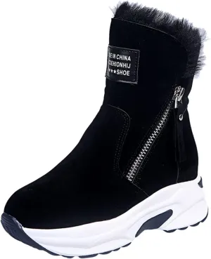 peqiut Womens Snow Boots Winter Snow Shoes Outdoor Zipper Velvet Winter Ankle Boots Slip On Wedges Booties Comfort