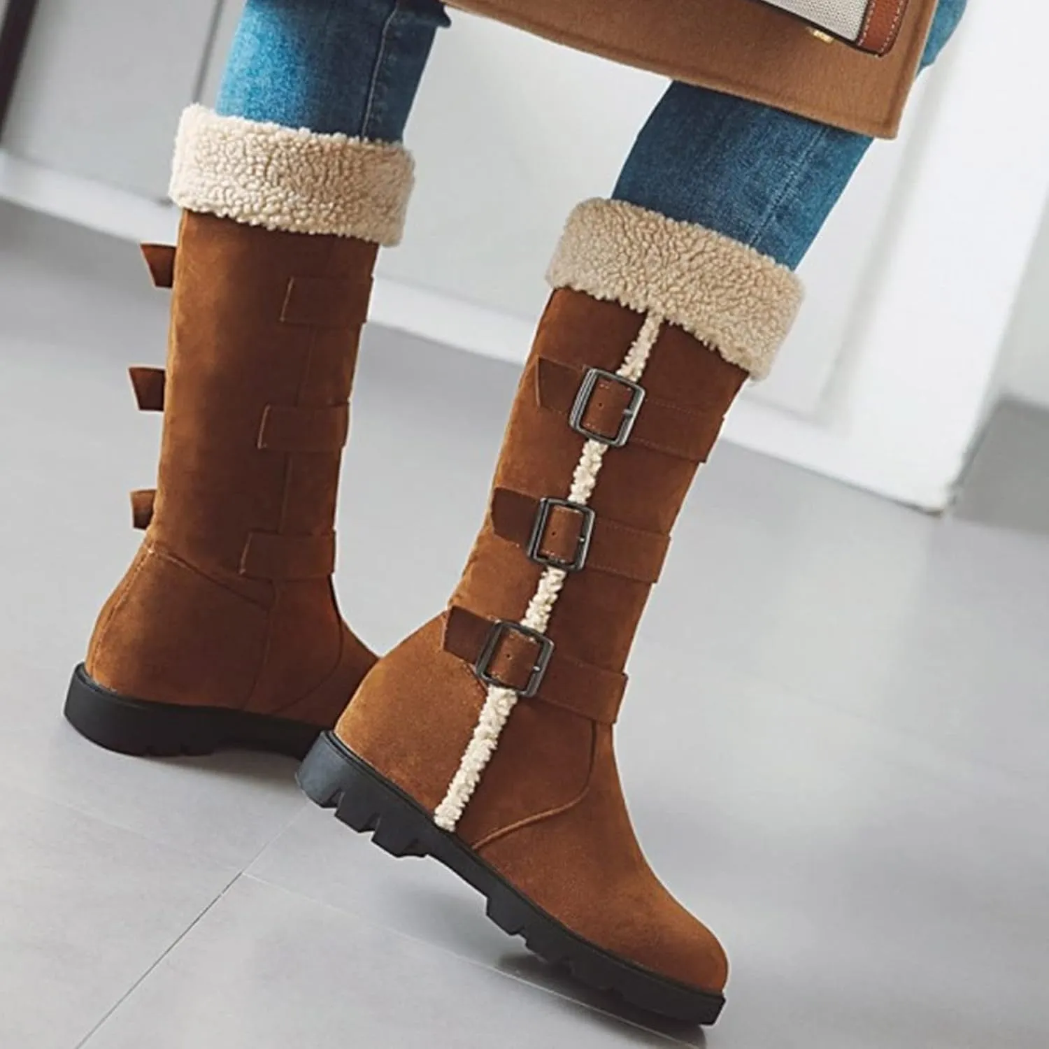 peqiut Womens Snow Boots Winter Snow Shoes Solid Color Suede Belt Long Boots Fashion Belt High Boots for Women Comfort