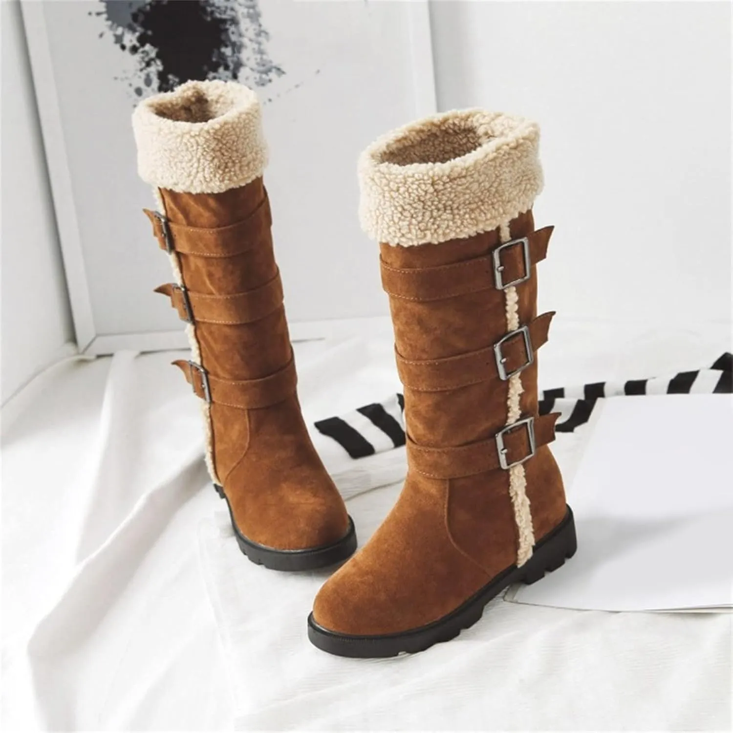 peqiut Womens Snow Boots Winter Snow Shoes Solid Color Suede Belt Long Boots Fashion Belt High Boots for Women Comfort