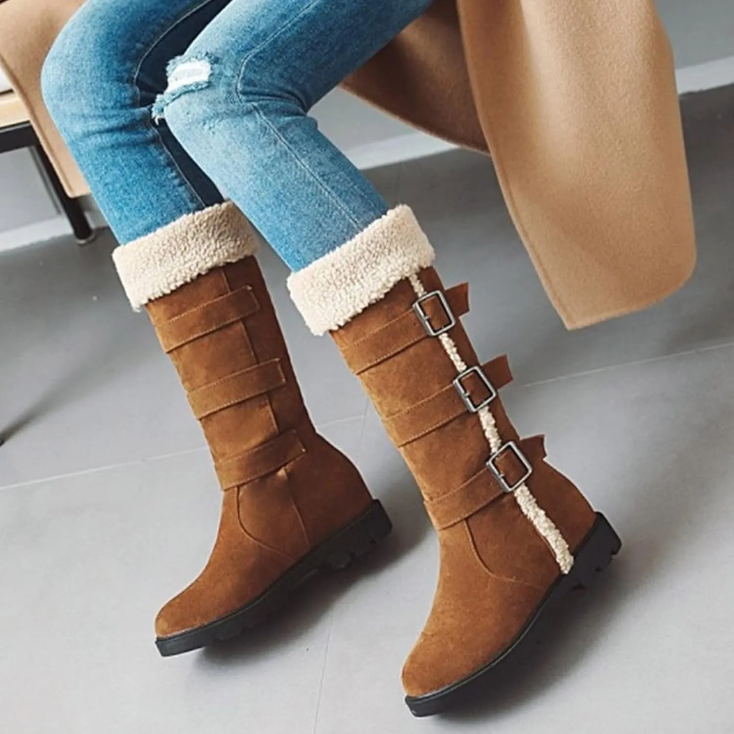 peqiut Womens Snow Boots Winter Snow Shoes Solid Color Suede Belt Long Boots Fashion Belt High Boots for Women Comfort