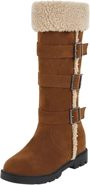 peqiut Womens Snow Boots Winter Snow Shoes Solid Color Suede Belt Long Boots Fashion Belt High Boots for Women Comfort