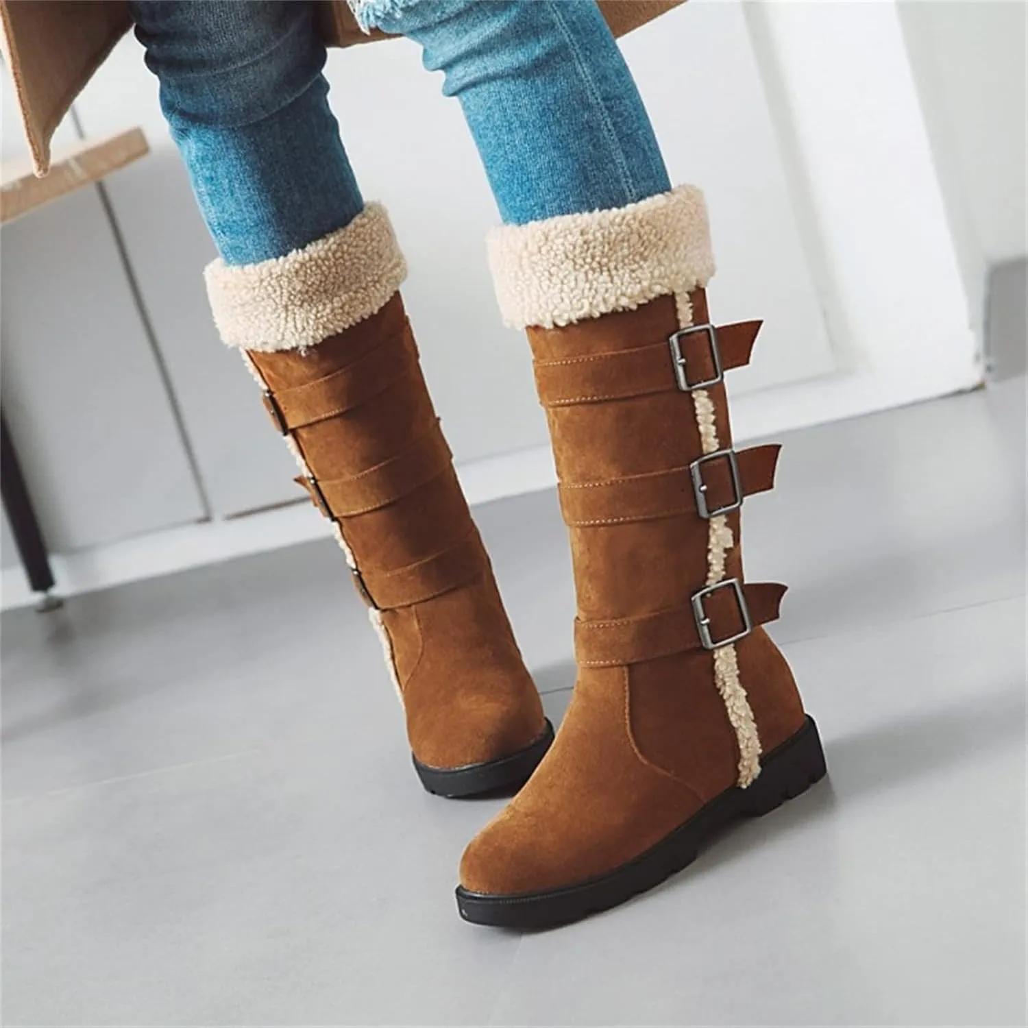 peqiut Womens Snow Boots Winter Snow Shoes Solid Color Suede Belt Long Boots Fashion Belt High Boots for Women Comfort