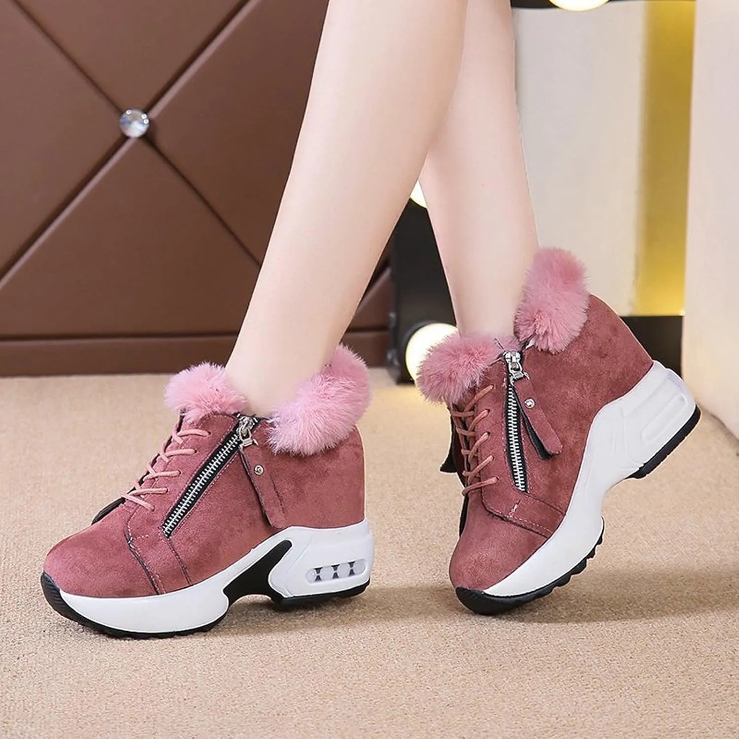 peqiut Womens Snow Boots Winter Snow Shoes Velvet Wedges Lace Up Warm Winter Ankle Boots Sport Outdoor Booties Comfort