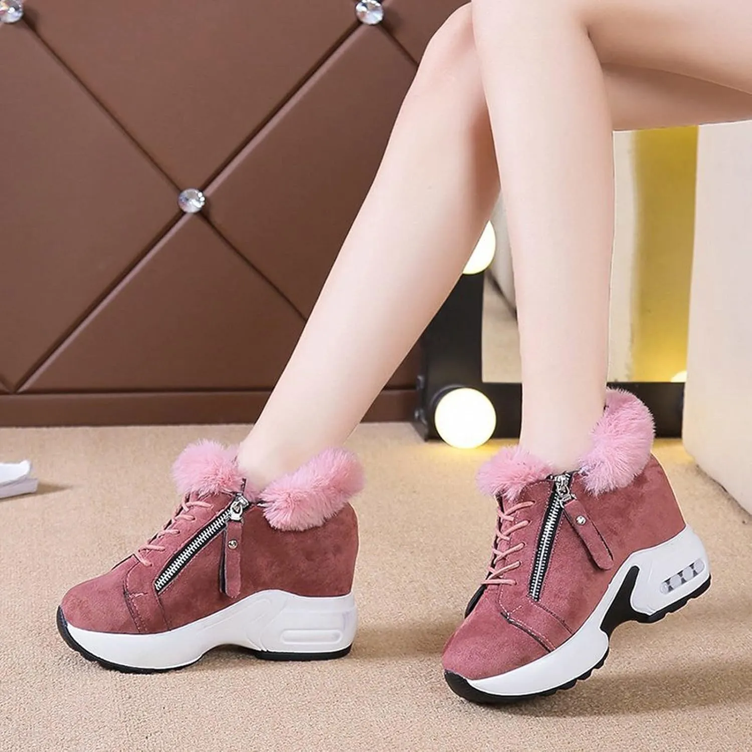 peqiut Womens Snow Boots Winter Snow Shoes Velvet Wedges Lace Up Warm Winter Ankle Boots Sport Outdoor Booties Comfort