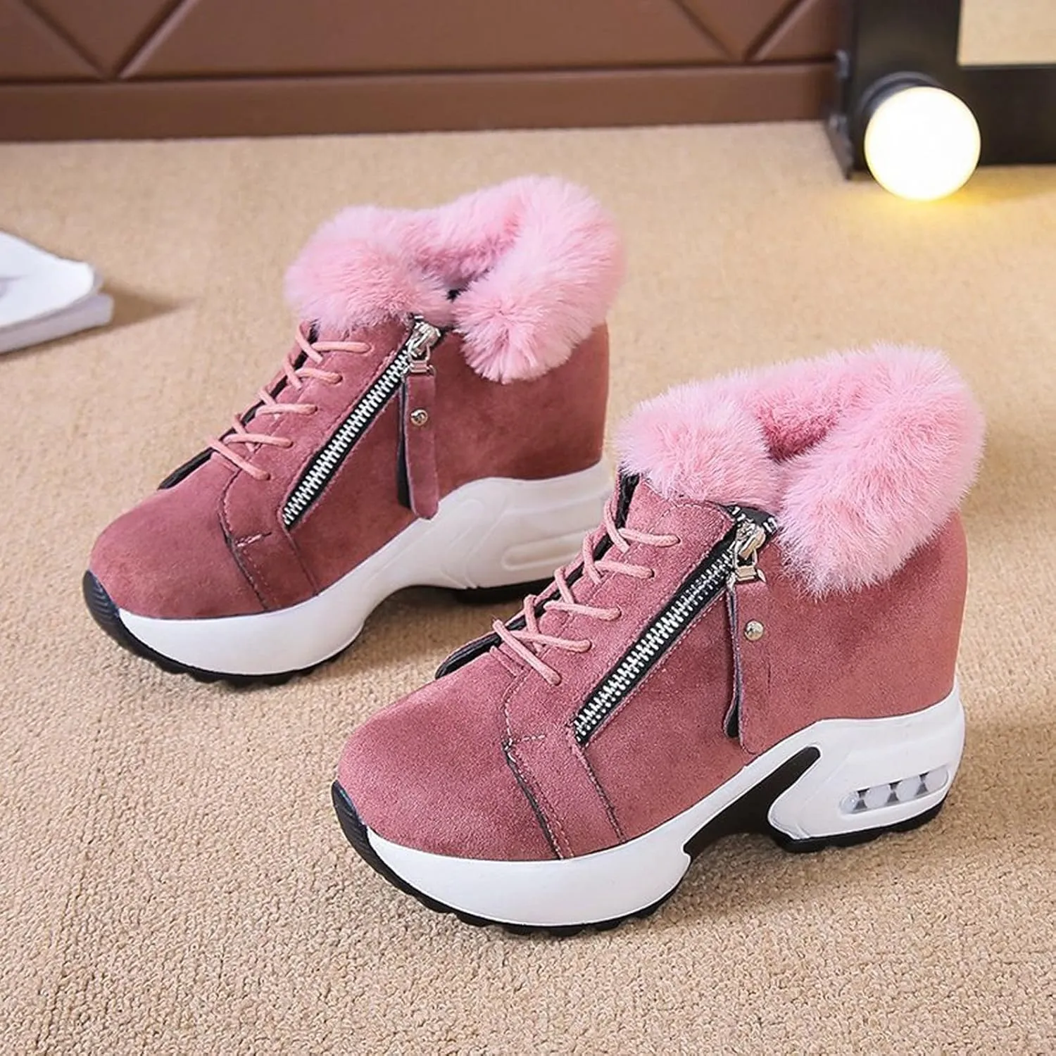 peqiut Womens Snow Boots Winter Snow Shoes Velvet Wedges Lace Up Warm Winter Ankle Boots Sport Outdoor Booties Comfort